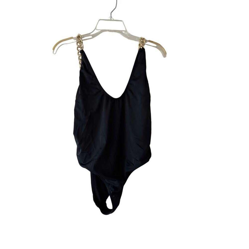 PrettyLittleThing Black One-Piece Swimsuit With Gold Chain Straps - Picture 7 of 8